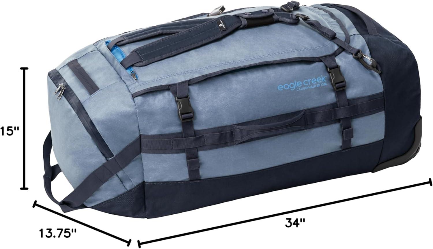 imageEagle Creek Cargo Hauler Wheeled Duffel Durable Duffel Bag for Travel Easy Access Compartment Deployable Backpack Straps Lockable Zipper Opening Iron Orange 130LGlacier Blue