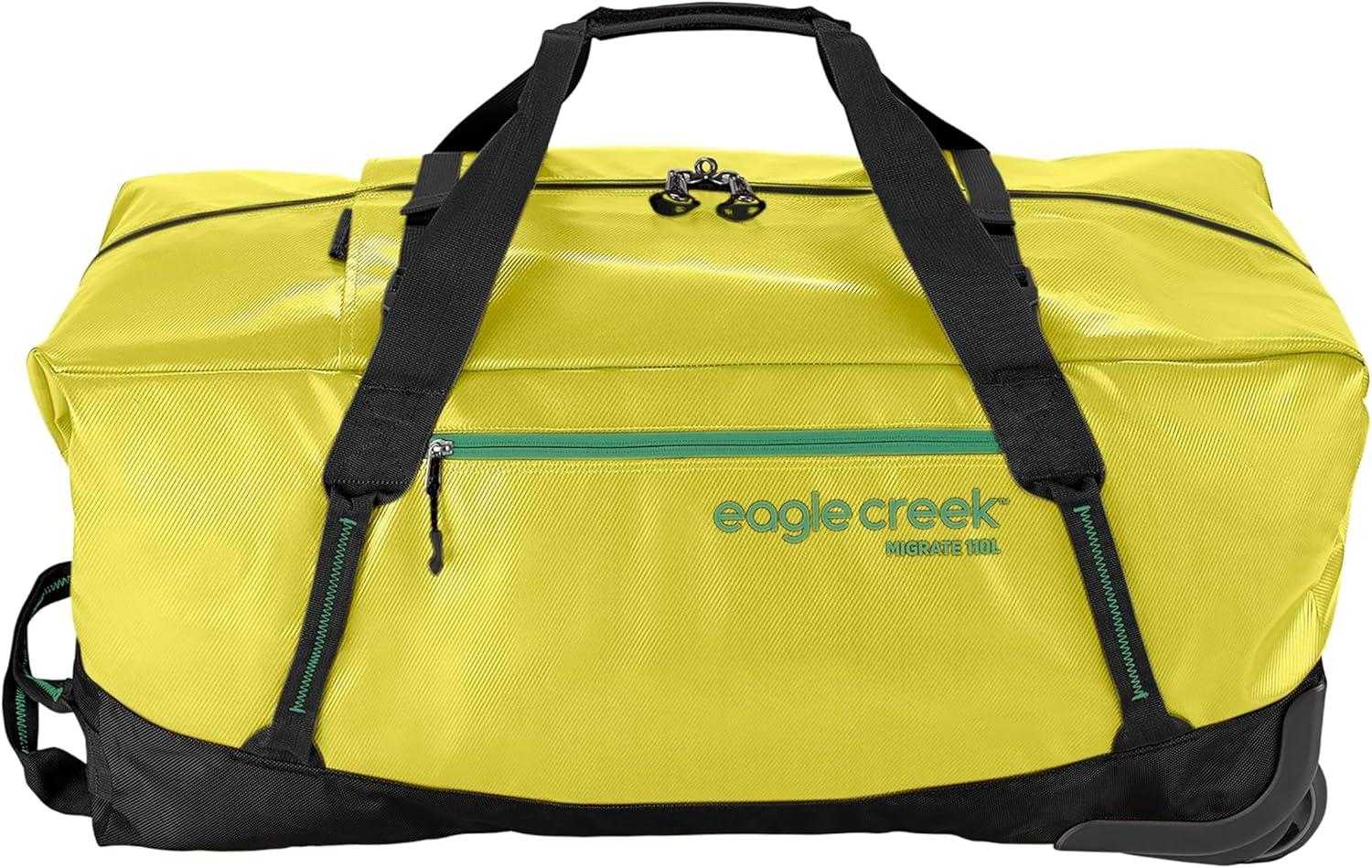 imageEagle Creek Migrate 110L Wheeled Duffel Bag Durable WeatherResistant Travel Duffel with Smooth Wheels Multiple Carry Options for Easy Transport Rush BlueYellow