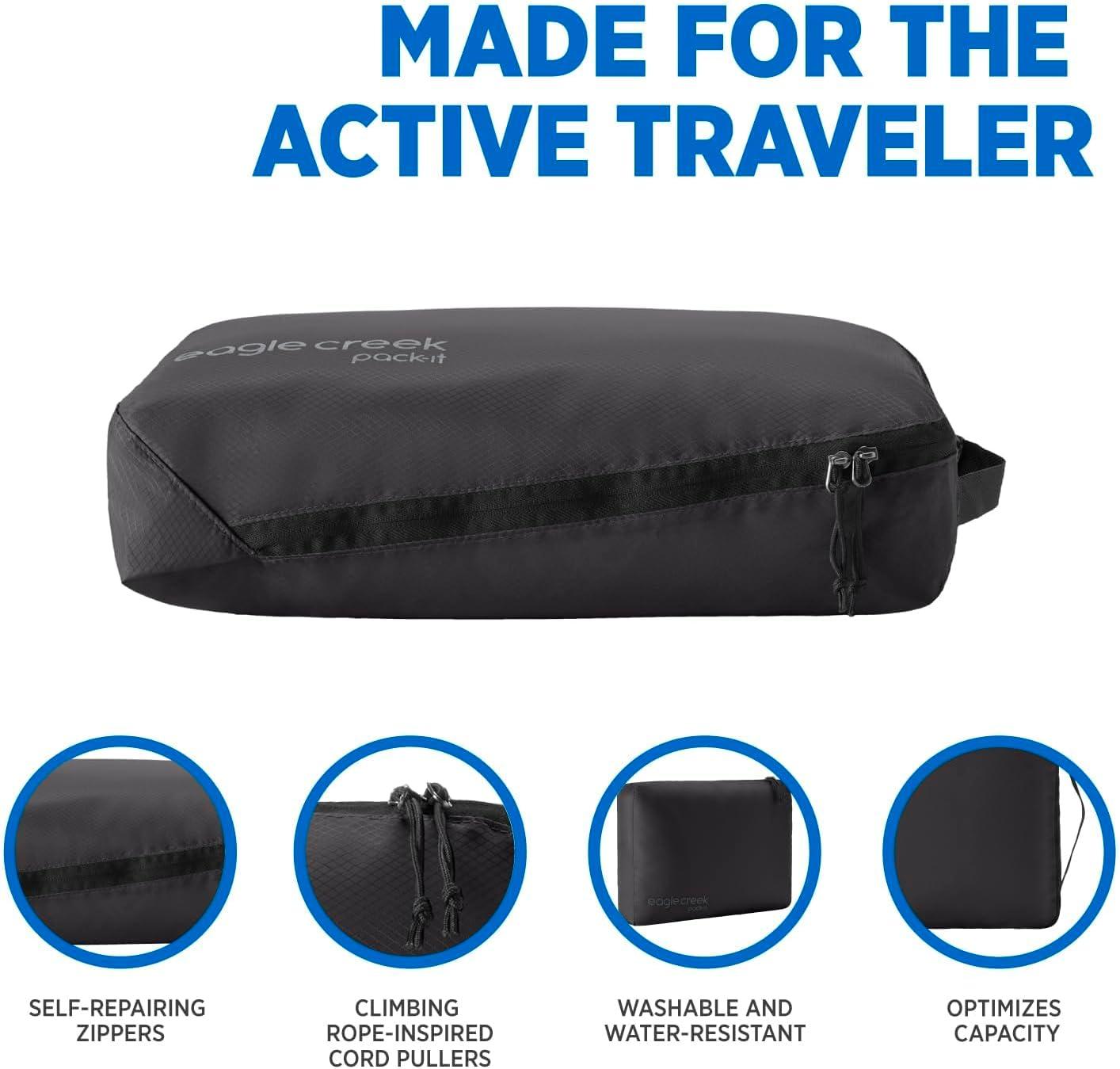 imageEagle Creek PackIt Isolate Cube Lightweight Clothes Packing Cube for Maximizing Luggage Space Angled Zippered Opening Convenient Top Handle WaterResistant Medium Blue DawnBlack
