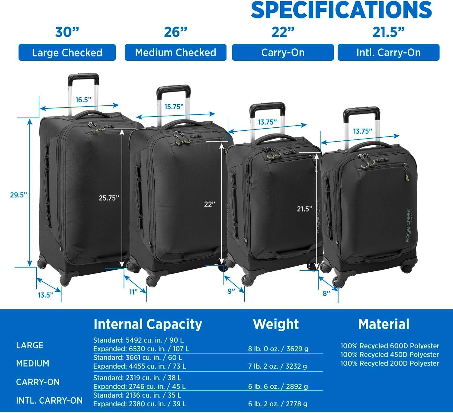 imageeagle creek Expanse International Carry On Suitcases with Wheels Telescoping Handle Lockable Zippers Expandable Compartment Internal OrganizationCompression Black