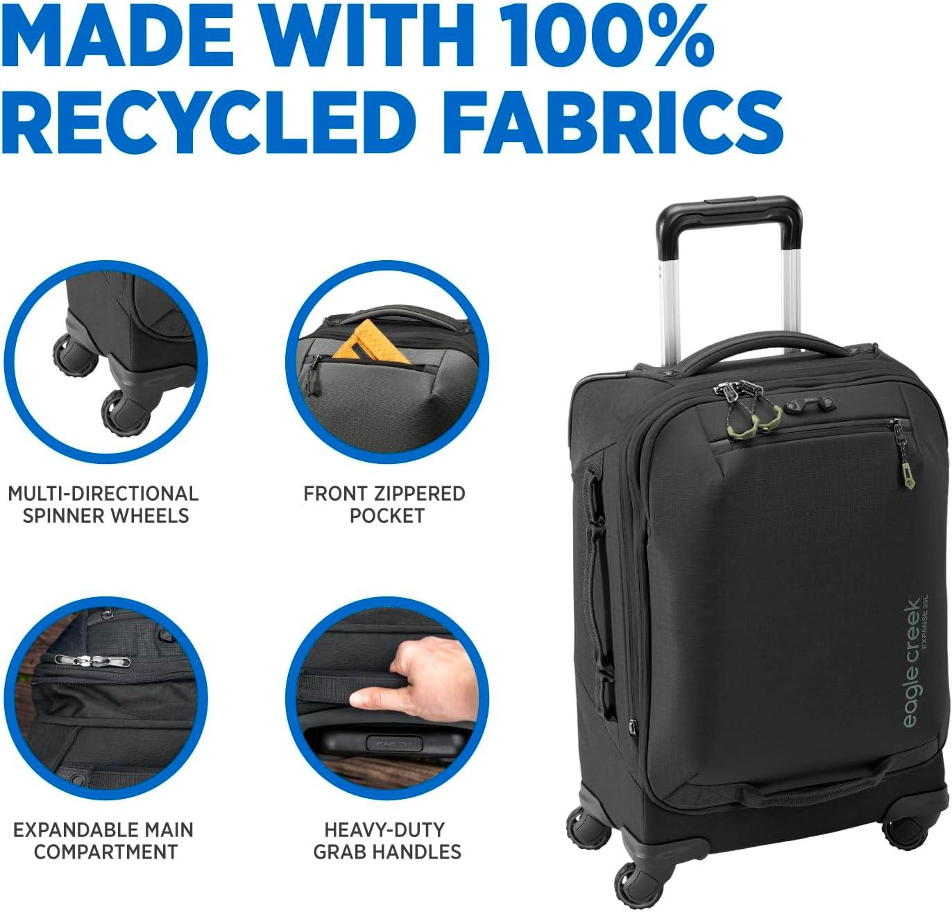 imageeagle creek Expanse International Carry On Suitcases with Wheels Telescoping Handle Lockable Zippers Expandable Compartment Internal OrganizationCompression Black